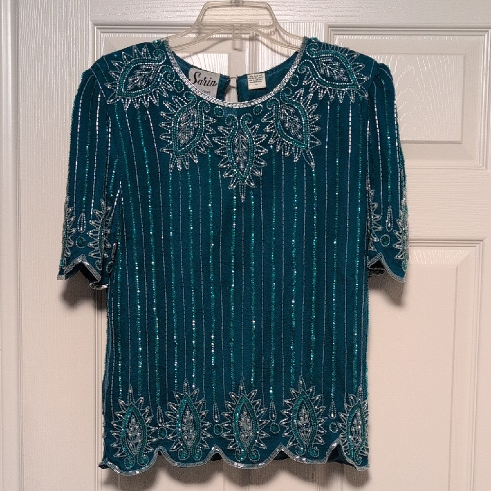 Teal Beaded & Sequin Women's Blouse